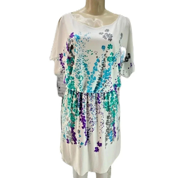 Forever M Vanilla Multi Splash Print Cold Shoulder Short Sleeve Above Knee Dress - Picture 2 of 6